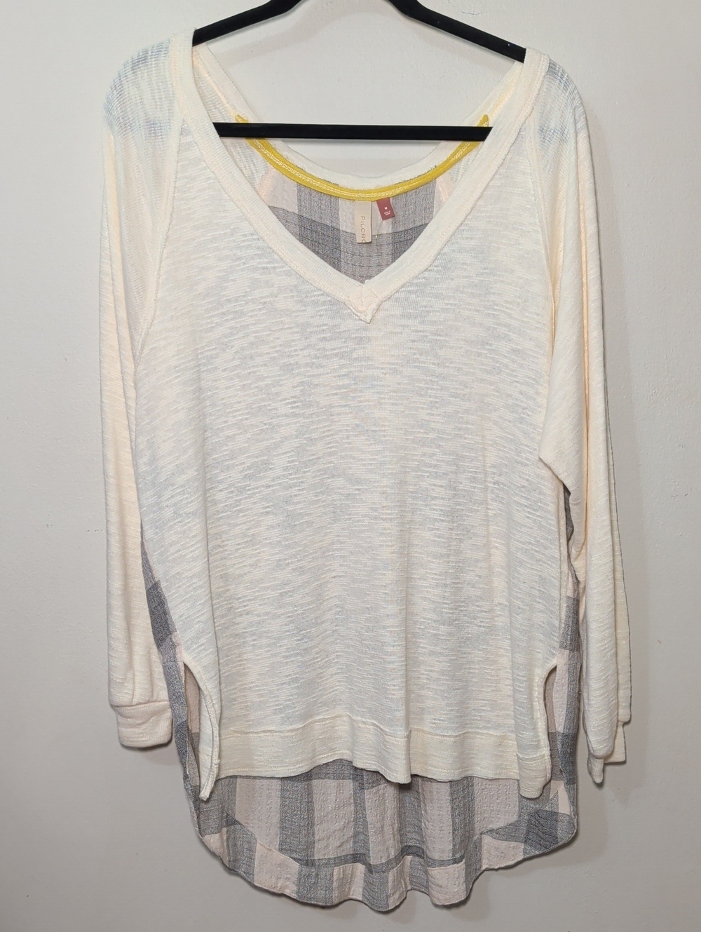 Pilcro Slub Knit Sweater with Plaid Back Panel Cream Gray NEW Women's Size M